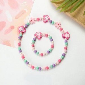 Wooden Beaded Handmade Monkeys & Flowers Necklace & Bracelet Set
